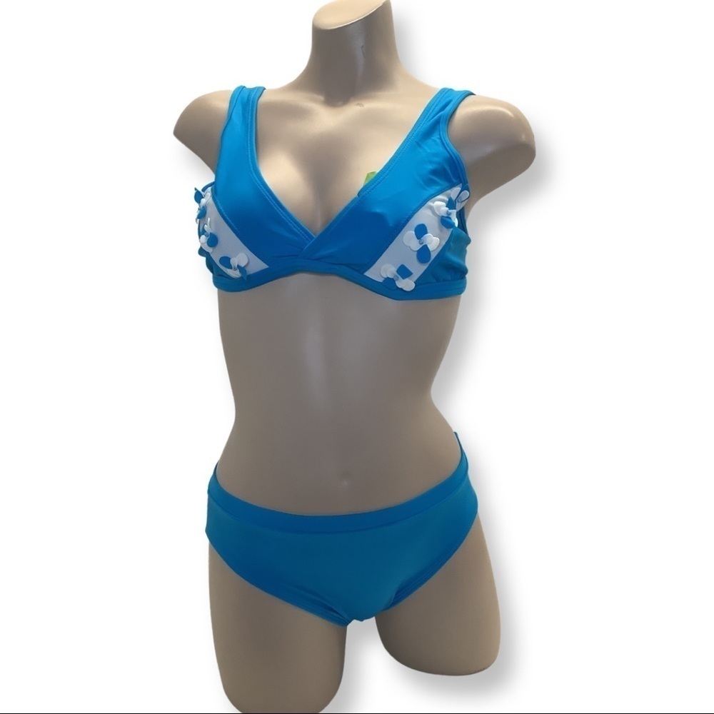Recco Size Small Brazilian Teal & White Full Coverage Bikini Set. New With Tags